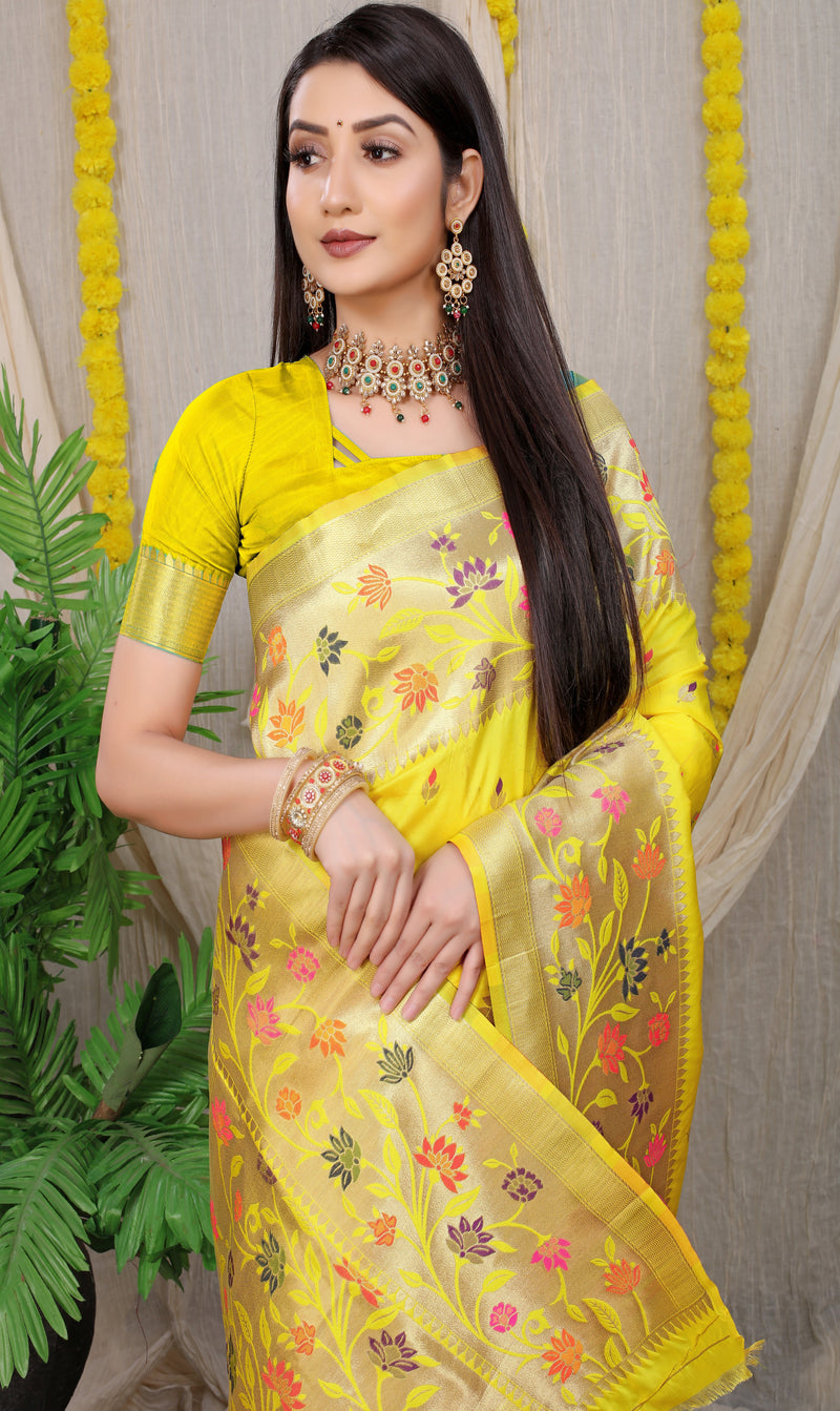 Lemon Yellow Banarasi Soft Silk Saree With Waving Gold Zari