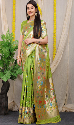 Olive Banarasi Soft Silk Saree With Waving Gold Zari