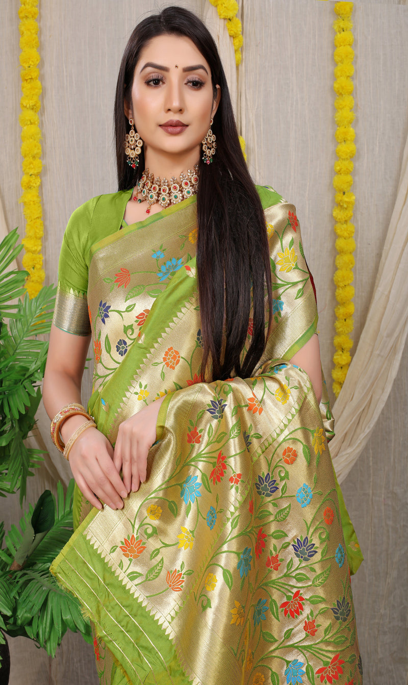 Olive Banarasi Soft Silk Saree With Waving Gold Zari