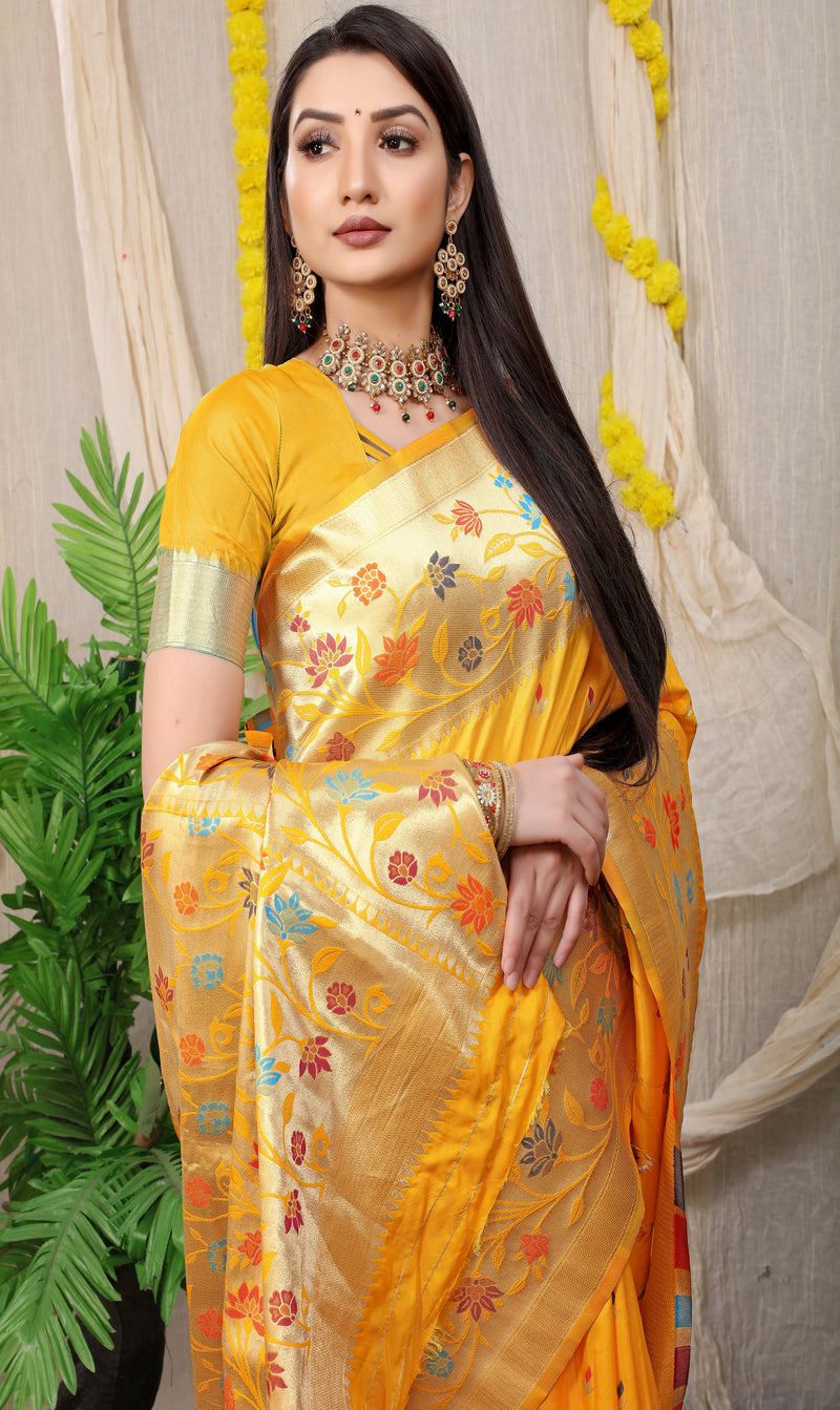 Yellow Banarasi Soft Silk Saree With Waving Gold Zari