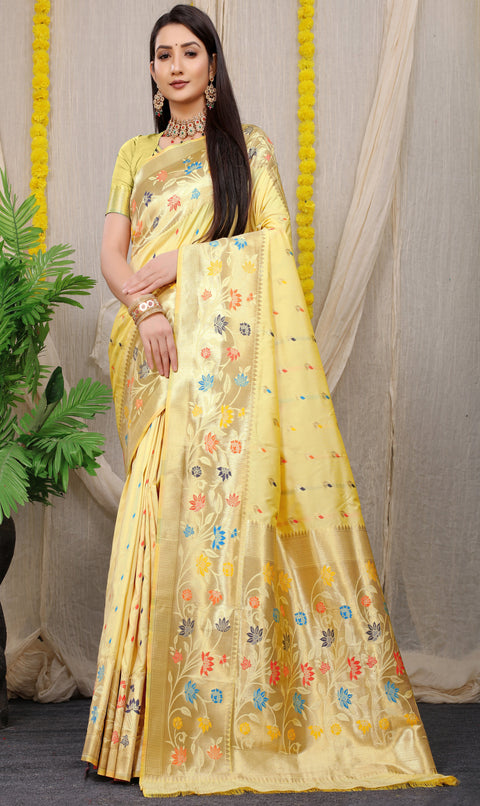 Cream Banarasi Soft Silk Saree With Waving Gold Zari