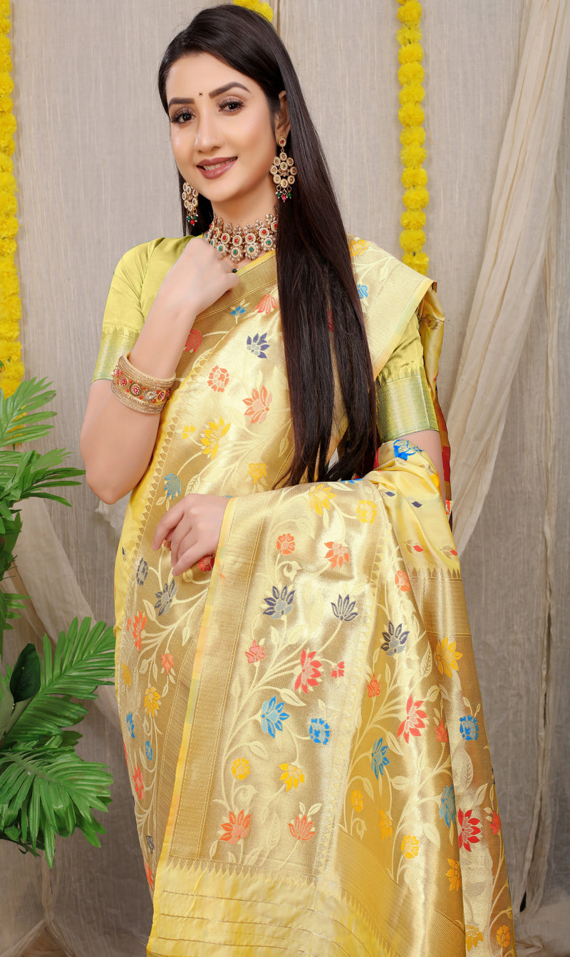 Cream Banarasi Soft Silk Saree With Waving Gold Zari