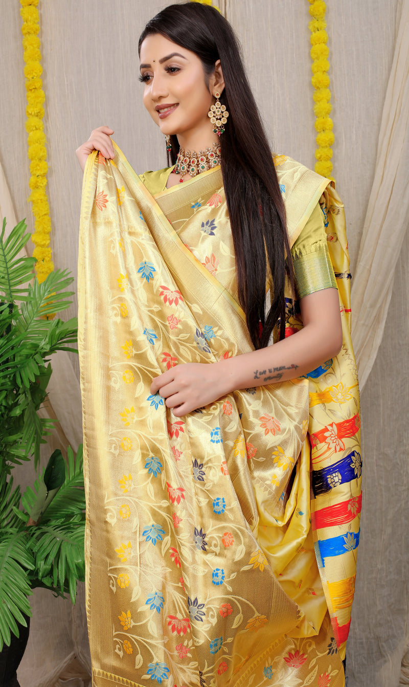 Cream Banarasi Soft Silk Saree With Waving Gold Zari