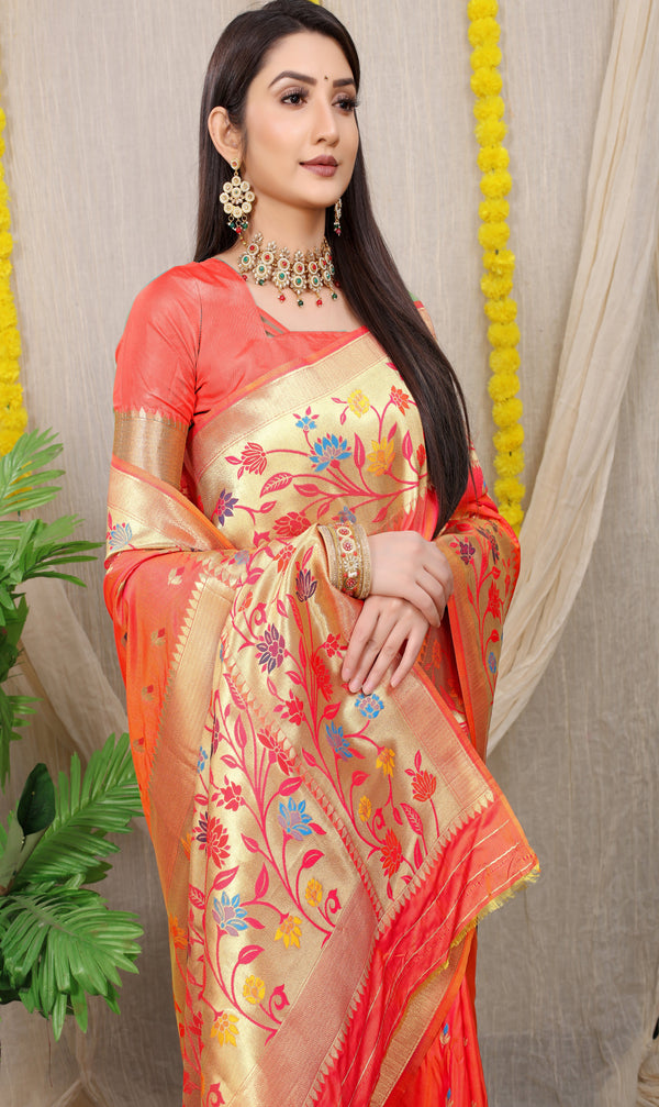 Red Banarasi Soft Silk Saree With Waving Gold Zari