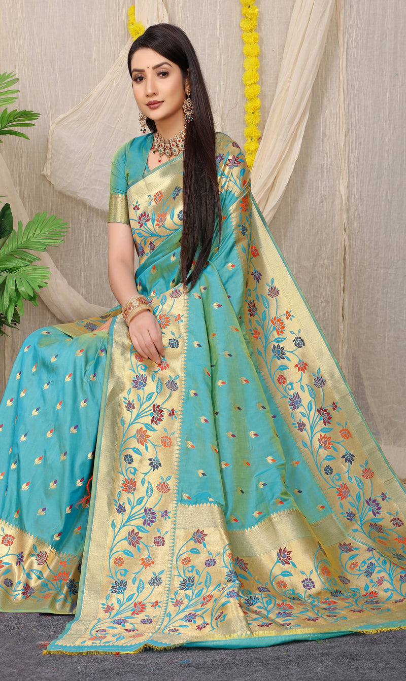 Sky Blue Banarasi Soft Silk Saree With Waving Gold Zari