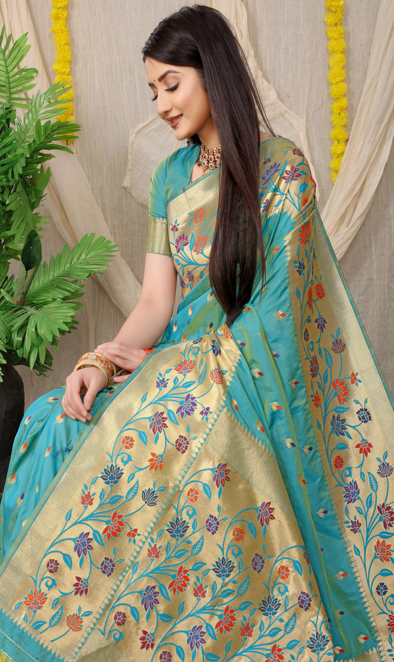 Sky Blue Banarasi Soft Silk Saree With Waving Gold Zari