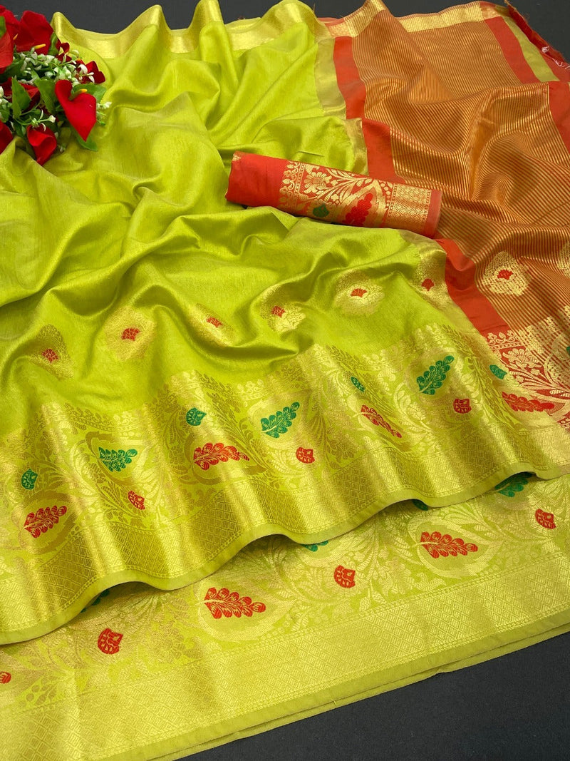 Soft Cotton Silk With Antique Gold Zari Weaving With mina Work