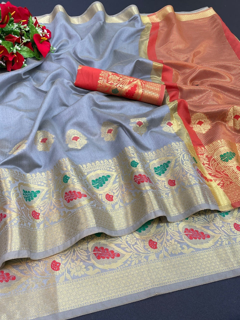 Soft Cotton Silk With Antique Gold Zari Weaving With mina Work