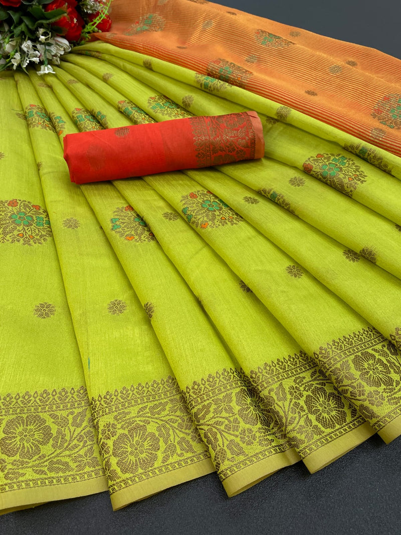 Soft linen silk saree with gold jari and meena work With Chite pallu