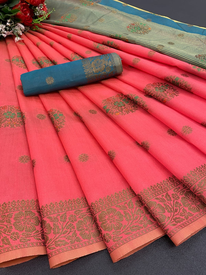 Soft linen silk saree with gold jari and meena work With Chite pallu