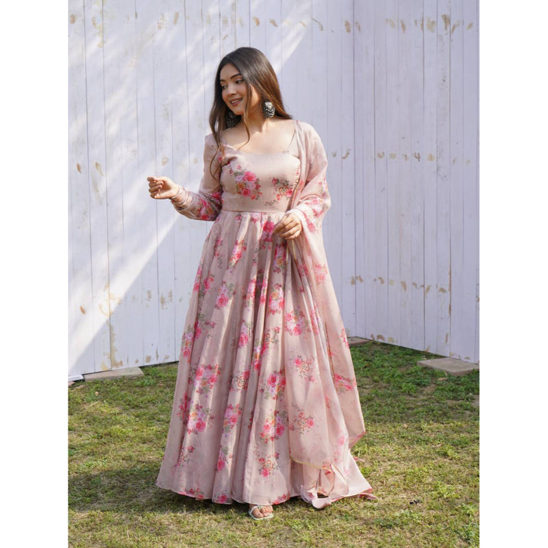 Pink Floral Printed Pleated Kurti With Dupatta