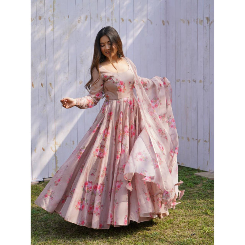 Pink Floral Printed Pleated Kurti With Dupatta